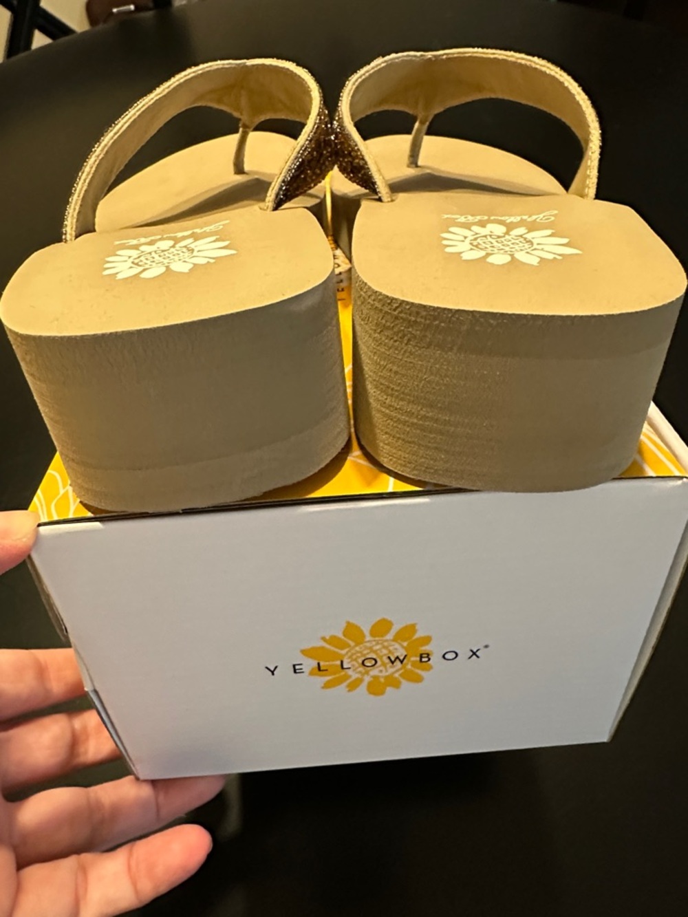 Yellow Box Tan Beaded Wedge Flip-Flops with Gold Accents - Picture 3 of 4